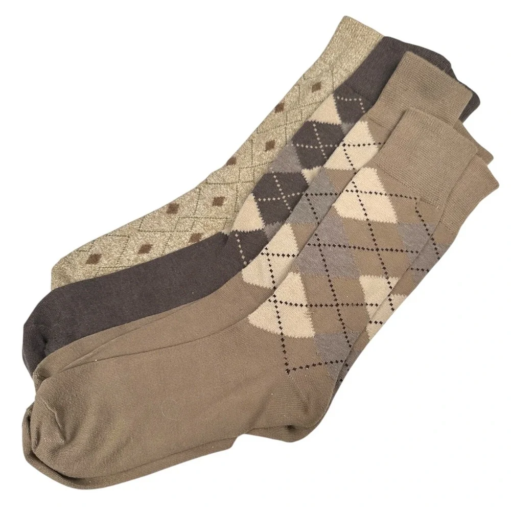 VTG Argyle and Metallic Diamond Crew Socks Bundle 4 Pairs Brown Tan Gold Neutral